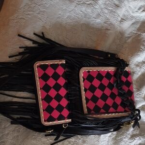 Black and Red Checkered Leather Fringe Bag With Match Wallet